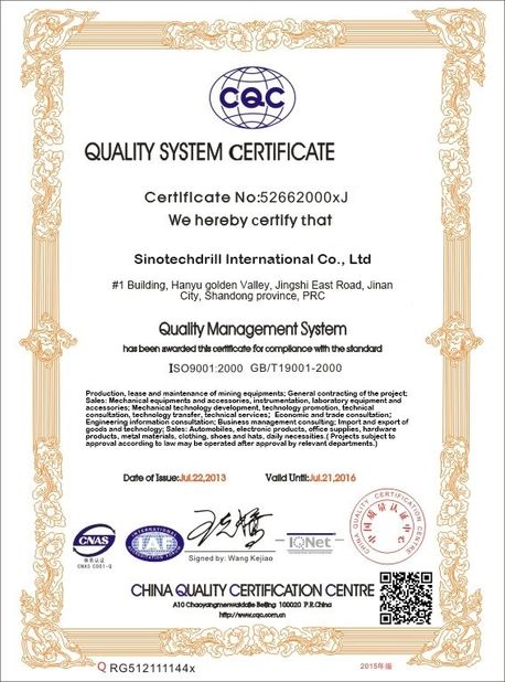Porcellana Sinotechdrill International Co., Ltd Certificazioni